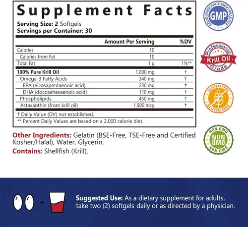 Miniatura 2 de Aceite de krill 1000 mg cápsulas blandas, aceite de krill omega-3, EPA, DHA, astaxantina y fosfolípidos, 60 unidades (paquete de 2), sin OMG, sin