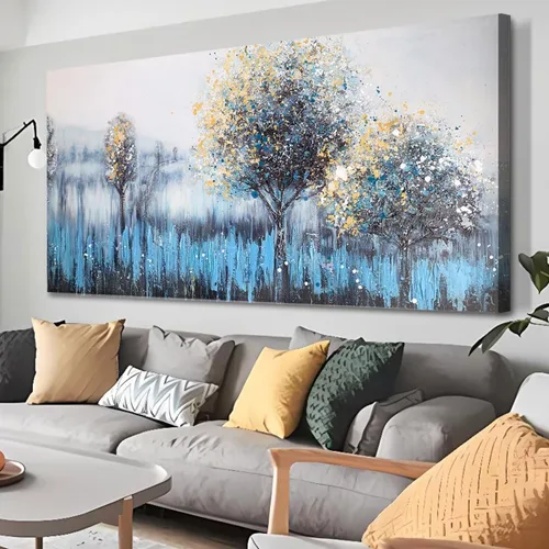 Miniatura 9 de Arjun Lienzo artístico para pared de árbol de la vida para sala de estar, pintura de árbol azul y verde azulado, 50% pintada a mano, imagen