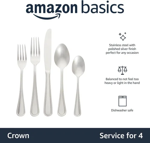 Miniatura 2 de Amazon Basics Juego de cubiertos, cubiertos de acero inoxidable, apto para lavavajillas, servicio para 4, 20 piezas de tenedores y cucharas, borde