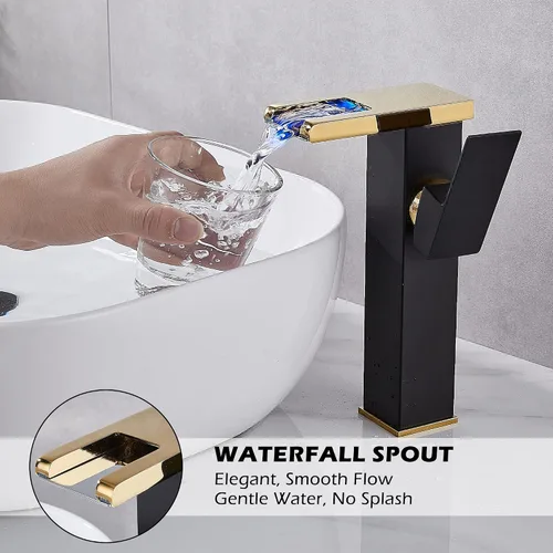 Miniatura 5 de Grifo para Lavabo Tipo Recipiente Cascada Dorado Negro de Un Solo Orificio con Desagüe Pop-Up Sin Rebosadero y Líneas de Suministro Grifos de Baño