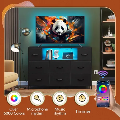 Miniatura 5 de WLIVE - Soporte de TV con cómoda en negro para TV de 45, 50, 55 pulgadas, centro de entretenimiento con luces LED y estación de carga, cómoda con 8