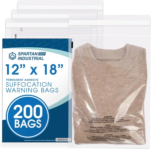 Spartan Industrial - Bolsas de polietileno transparente autosellantes de 12 x 18 pulgadas (200 unidades) con advertencia de asfixia para embalaje,