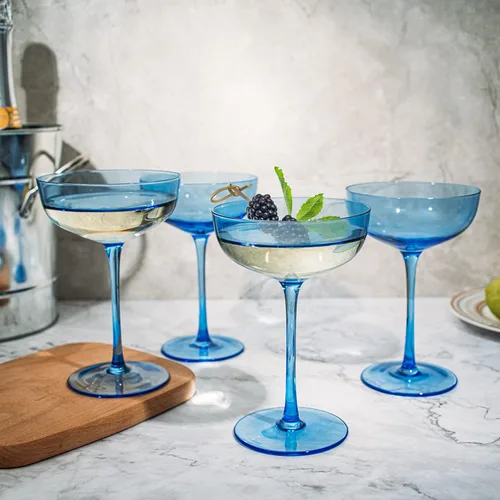 Miniatura 5 de Juego de 4 copas de champán azul océano, copas de Martini y cóctel de cristal de alta calidad de 7 onzas, cristalería tintada elegante