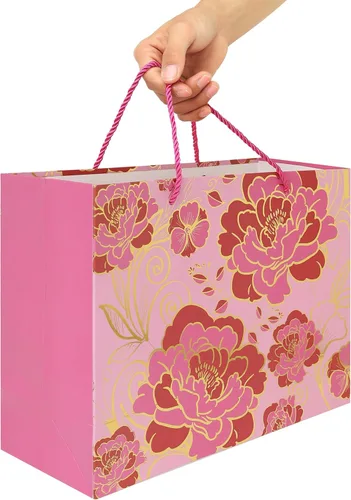 Miniatura 6 de Juego de Bolsa de Regalo Rosa Grande de 13" con Tarjeta de Felicitación y Papel de Seda (Flores con Trazos de Papel Aluminio) para Celebrar Rosa