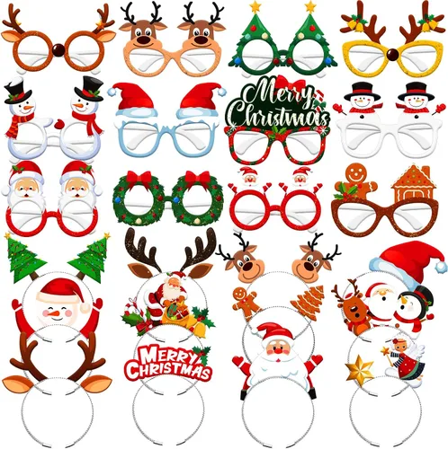 Juego de 24 diademas y marcos de gafas de Navidad con brillantina, gafas de sol divertidas, diademas de disfraz de reno de Navidad para fotos de