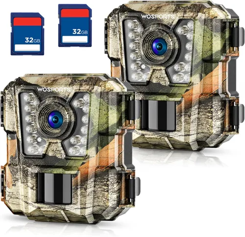 WOSPORTS Mini cámara de seguimiento 2 paquete 24MP 1080P HD, cámara de juego con tarjetas SD de 32GB, cámara diminuta impermeable de visión nocturna