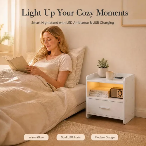 Miniatura 4 de Karl home Nightstands Set of 2 with Drawer for Bedroom, Wood Night Stand with 2 Open Shelf, Modern Bedside Table with 2 USB Charging Station, End