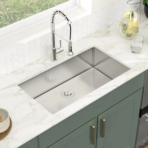 Miniatura 3 de Logmey Fregadero de cocina de montaje inferior de 33 pulgadas 33x19 Fregaderos de acero inoxidable SUS304 calibre 16 hechos a mano de un solo
