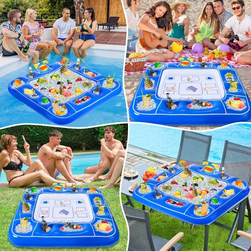 Miniatura 7 de Mesa de juego inflable para piscina con cartas impermeables (35.5 x 35.5 pulgadas, azul/blanco)