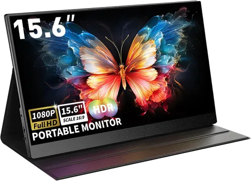 Monitor portátil de 15.6 pulgadas, 1080P FHD USB-C HDMI, pantalla de computadora con cubierta inteligente y altavoces duales, monitor de viaje para
