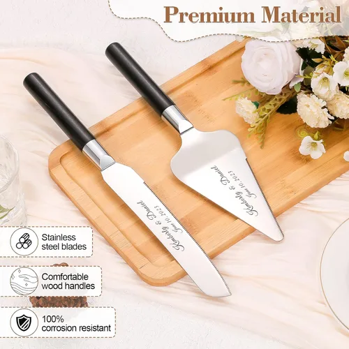Miniatura 3 de Juego de corte de pasteles personalizado para bodas, cuchillos de pastel y servidor, grabado gratis, cortador de pastel de postre de madera Plateado