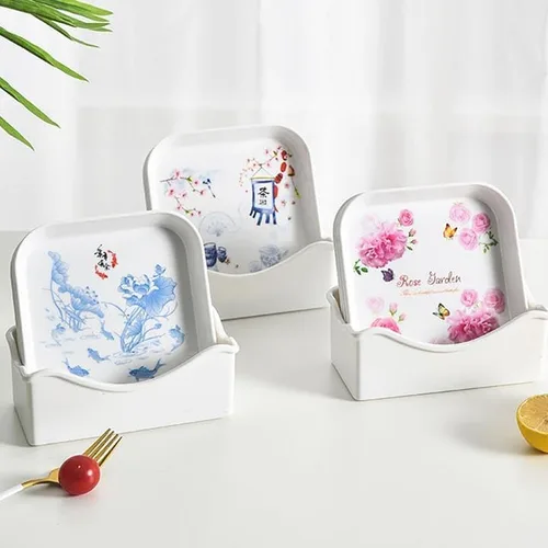 Miniatura 6 de Juego de 4 platos de melamina para servir alimentos, platos cuadrados de ensalada de postre de 5.9 pulgadas, platos para aperitivos, platos para Piña