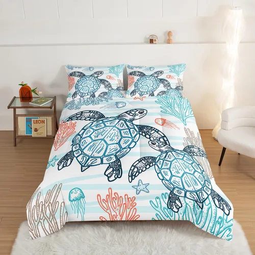 Miniatura 2 de HOSIMA Juego de edredón de tortuga marina, juego de edredón con temática de playa costera tamaño Queen para niños, adolescentes y niñas, decoración