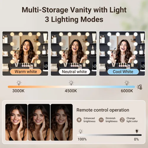 Miniatura 5 de ELYKEN Tocador Moderno con Espejo y Luces, Mesa de Maquillaje con Tablero de Vidrio y Enchufe Eléctrico, Tocador con 6 Estantes de Almacenamiento, 8