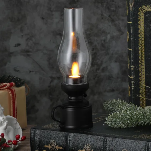 Miniatura 4 de Zerodeko Lámpara de queroseno vintage sin llama, lámpara de mesa LED de queroseno, lámpara transparente de huracán, funciona con pilas, mesita