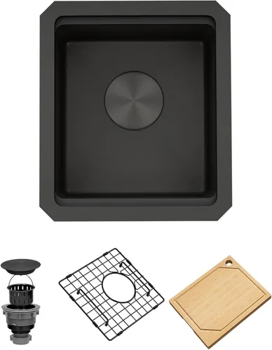 Miniatura 6 de Fregadero de barra de montaje inferior negro, fregadero de cocina de acero inoxidable 304S de calibre 16 con repisa de estación de trabajo