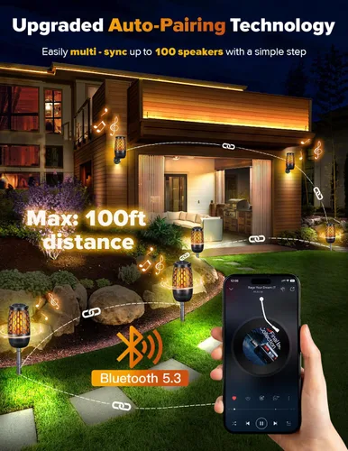 Miniatura 4 de Altavoces para exteriores mejorados con llama y luces RGB, estéreo HD de 10 W, emparejamiento automático Bluetooth 5.3, multisincronización de más