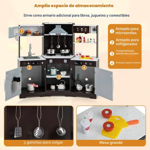 Miniatura 6 de HONEY JOY Juego de cocina esquinera para niños, juego de cocina de juguete de madera con luces y sonidos, campana extractora, máquina de hielo