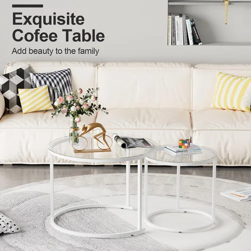 Miniatura 4 de aboxoo Juego de 2 mesas de cristal anidables blancas, pequeñas mesas redondas de vidrio para sala de estar, dormitorio, mesa de té decorativa