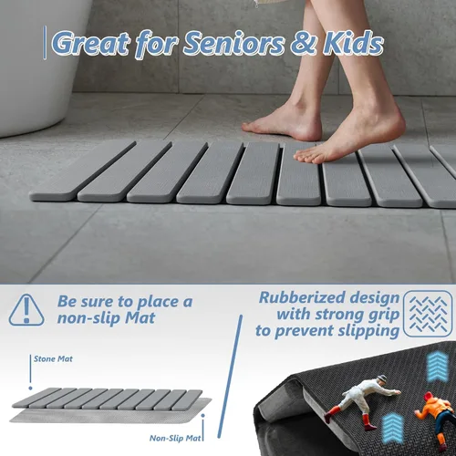 Miniatura 3 de AWW Tapete de baño plegable de piedra, de secado rápido, tierra de diatomeas con tapete antideslizante, súper absorbente, fácil de limpiar, compacto