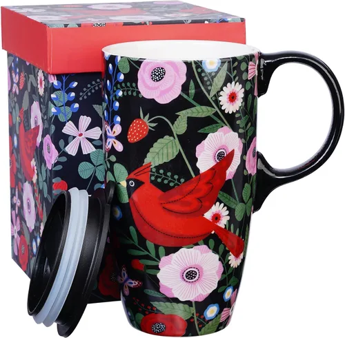 Topadorn Taza de café de cerámica, taza de viaje de porcelana con tapa y asa, taza de café grande para hombres y mujeres, trabajo de oficina, Pájaro