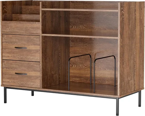Miniatura 9 de Soporte para tocadiscos con almacenamiento para más de 500 álbumes, estante y cajones modernos de mediados de siglo, consola de audio de madera