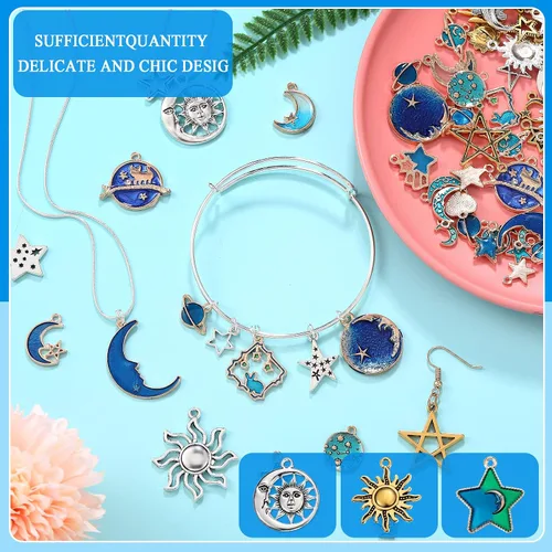 Miniatura 4 de Hicarer 160 piezas dijes para pulseras, dijes mixtos de sol, estrella y luna antiguos, dijes de esmalte plateado celestial para hacer joyas
