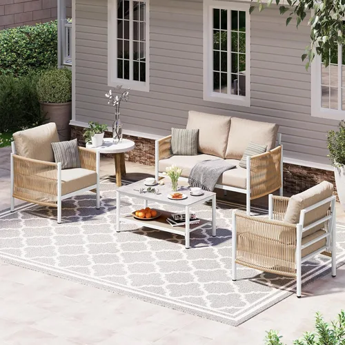 Miniatura 32 de Juego de muebles de aluminio para patio al aire libre con mesa de centro de doble capa, juegos de conversación de patio modernos de 4 piezas