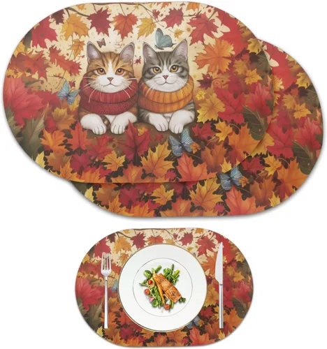 Holiday Placemats Set of 2 Fall Cat Waterproof Wipeable Faux Leather Non Slip for Family Autumn Dinner Heat Resistant Table Mats Thanksgiving Easy