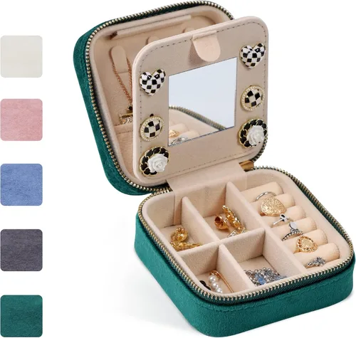 Dajasan Joyero de viaje de terciopelo, mini estuche de joyería de viaje, pequeño organizador de joyas de viaje portátil con espejo para mujeres y