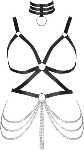 Arnés de cuerpo de talla grande para mujer y niña, cadena de metal hueca completa, brasier de jaula, medias de liga, ropa gótica rave