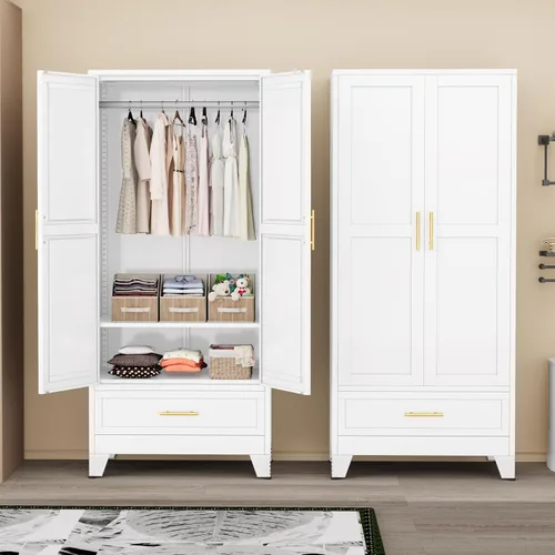 Miniatura 10 de Ckzbx Armario Ropero de Metal de 71" de Alto con Espejo, Estantes Ajustables, Barra para Secar Ropa, Gabinete Ropero de Acero para Dormitorio (Negro)