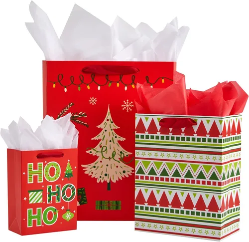 SUNCOLOR Bolsas de regalo de Navidad de varios tamaños con papel de seda, paquete de 9, bolsas rojas temáticas navideñas, grandes 13 x 10.2,