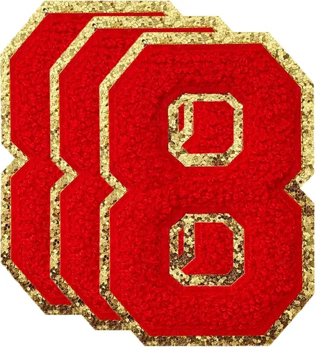 Miniatura 44 de 3 parches de números de chenilla negra, tamaño grande de 4-1/2" parches de números para planchar, parches universitarios para ropa, 8" Borde oro rosa