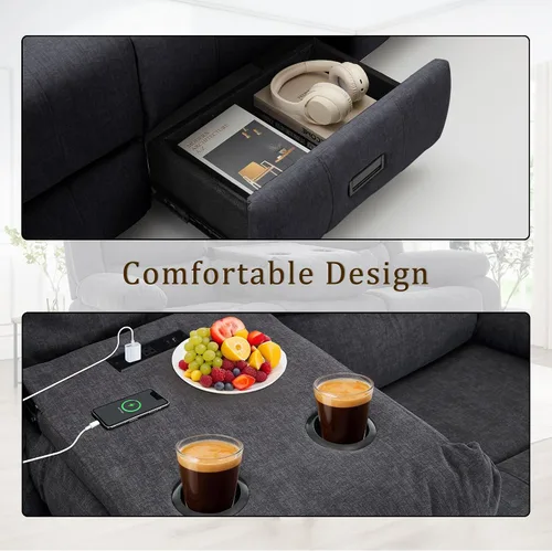 Miniatura 5 de Korser Sofá reclinable, sofá biplaza reclinable con consola, sofá reclinable extragrande con mesa desplegable, sofá de 3 plazas con portavasos y Gris