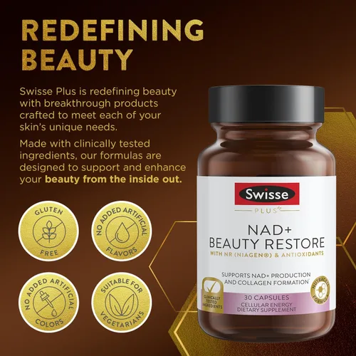 Miniatura 7 de Swisse Plus NAD+ Beauty Restore Ingredientes clínicamente probados Suplemento NAD+ para hombres y mujeres Apoya la formación de colágeno