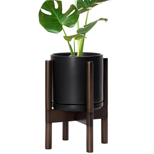 Miniatura 53 de D'vine Dev Maceta de cerámica con soporte de ébano – Maceta redonda moderna de 8 pulgadas con soporte para maceta de madera, color negro, 55-B-M-2