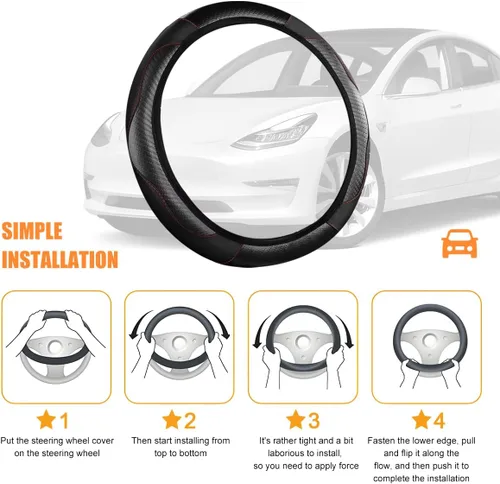 Miniatura 5 de Funda de fibra de carbono para volante de automóvil, protector elástico para volante de automóvil de 14.5 a 15 pulgadas, estilo deportivo