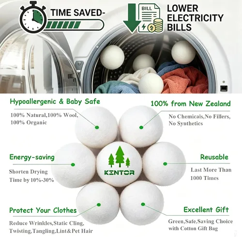 Miniatura 4 de KINTOR Wool Dryer Balls XL 6 Pack, 100% New Zealand Wool Organic Fabric Softener, Hypoallergenic Baby Safe Unscented, Chemical Free Reduce Wrinkles