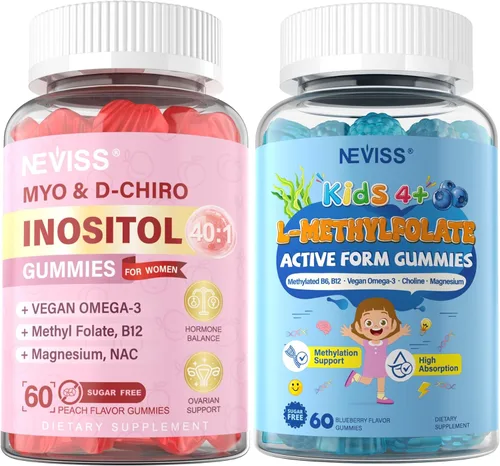 NEVISS Paquete de 2 gomitas de mio-inositol y D-Chiro inositol sin azúcar, ideal para proporción 40:1 de inositol para mujeres y L metilfolato de