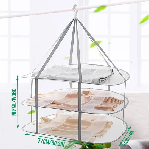 Miniatura 7 de Funvalley Surperfect Secador de malla plegable para colgar, paquete de 2 unidades, estante de secado de 3 niveles de red plegables para suéteres