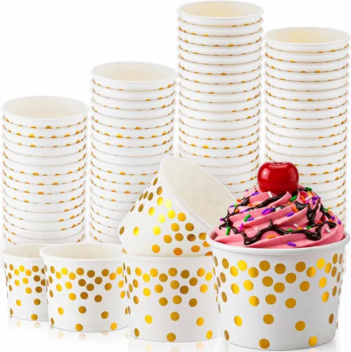Miniatura 7 de CHENGU 100 tazas de papel para helado a granel de 8 onzas, desechables en negro y dorado, cuencos de postre para aperitivos, yogur, alimentos