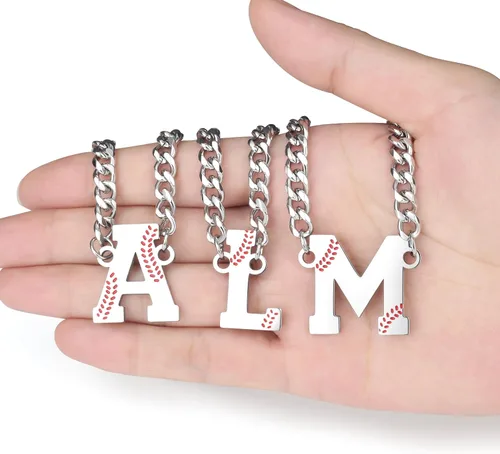 Miniatura 7 de QINJIEJIE Collar de béisbol inicial A-Z con letras, accesorios deportivos, colgante de encanto de béisbol, joyería de cadena de acero inoxidable 2-P