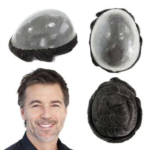 Miniatura 14 de HAIR NATURE Cabello humano Toupee para hombre, sistemas de reemplazo de cabello para hombres, 0.005 in polivinílico anudado festoneado frontal #3