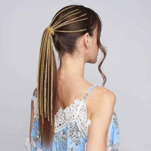 Miniatura 3 de PAGOW 6 cadenas para el cabello de oro punk con borlas para mujeres y niñas, accesorios de cabeza de cola de caballo con clips para discoteca