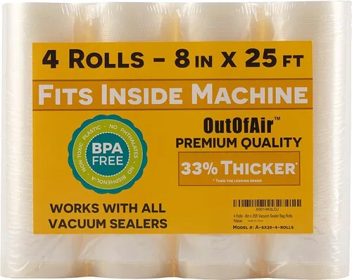 Rollos de 8 pulgadas x 25 pies (se adapta al interior de la máquina), paquete de 4 rollos selladores al vacío OutOfAir (100 pies en total). Funciona