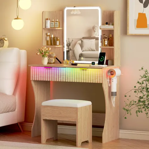 Miniatura 11 de Escritorio de tocador con espejo con luces LED y toma de corriente, pequeño juego de mesa de tocador de maquillaje con cajones de almacenamiento