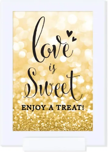 Andaz Press Letreros enmarcados para fiesta de boda, purpurina dorada brillante, 4 x 6 pulgadas, letrero de mesa de postre Love is Sweet, Enjoy a El