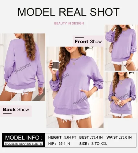Miniatura 4 de SHEWIN Sudaderas para mujer, cuello redondo, color sólido, a la moda, cálidas, de gran tamaño, ligeras, sin botones