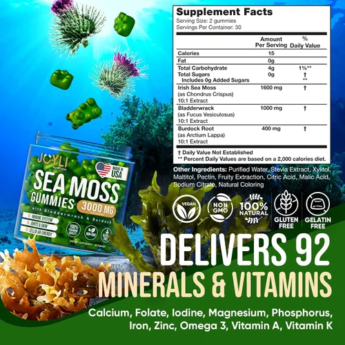 Miniatura 4 de JOYLI Nutrition Paquete de 2 gomitas de musgo marino para adultos y niños, suplemento vegano de musgo marino irlandés con vejiga y raíz de bardana